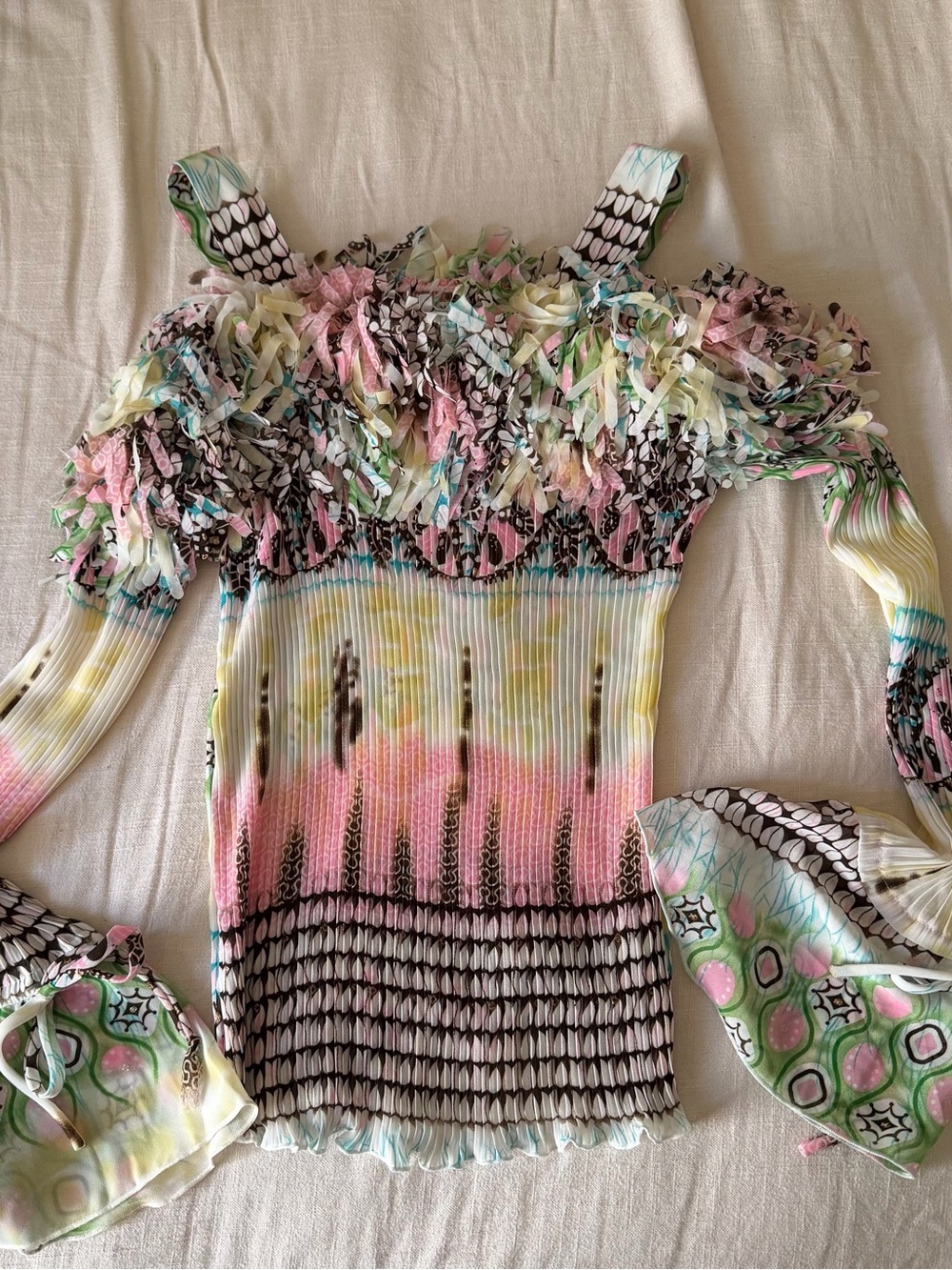 Multicolor Ruffled Off-Shoulder Knit Blouse with Fringe Detail